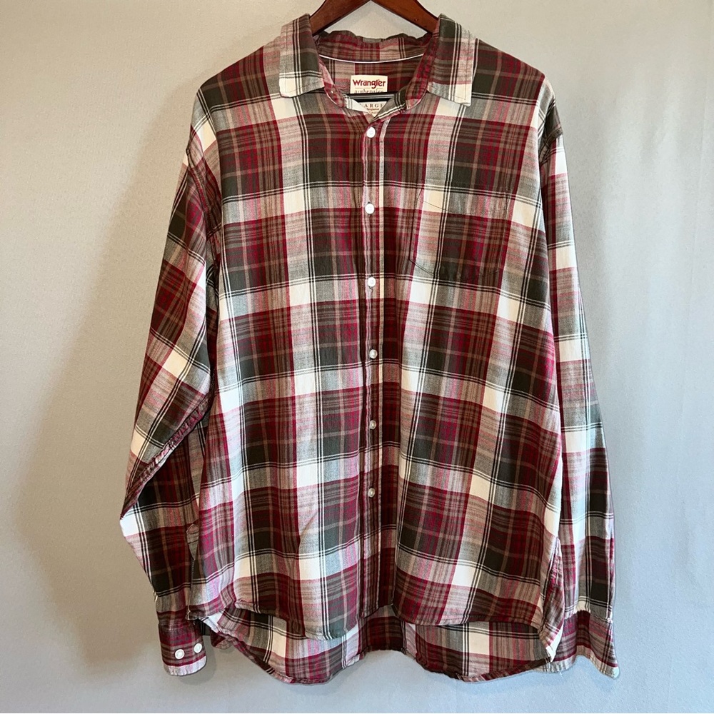 Wrangler Authentics Men's Red and Green Plaid Button Down Shirt